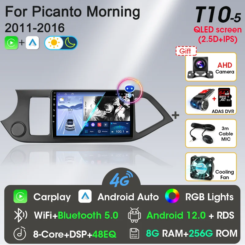 2 Din Android 12 Autoradio Carplay voor KIA PICANTO Ochtend 2 2011 2012 2013 2014 2015 2016 Multimedia Speler navigatie DVD Hoofd