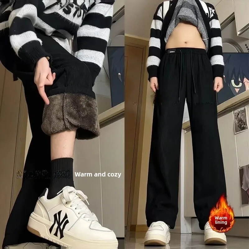 

Corduroy Fleece Lined Straight Leg Casual Pants Slimming Elastic Waist Men's Autumn Winter Fashion Comfortable Leisure Trousers