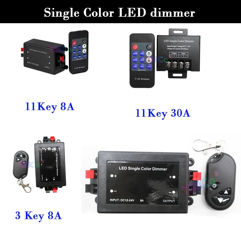 

12V 24V DC Single Color LED Dimmer 3Key 11Key wireless Remote 8A 30A Dimming Switch Controller for monochrome LED Strip Tape