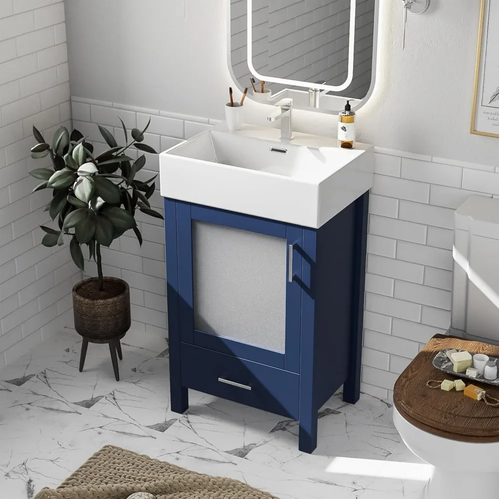 Mobile lavabo "20" in ceramica blu con ampio spazio di archiviazione, perfetto per bagni compatti
