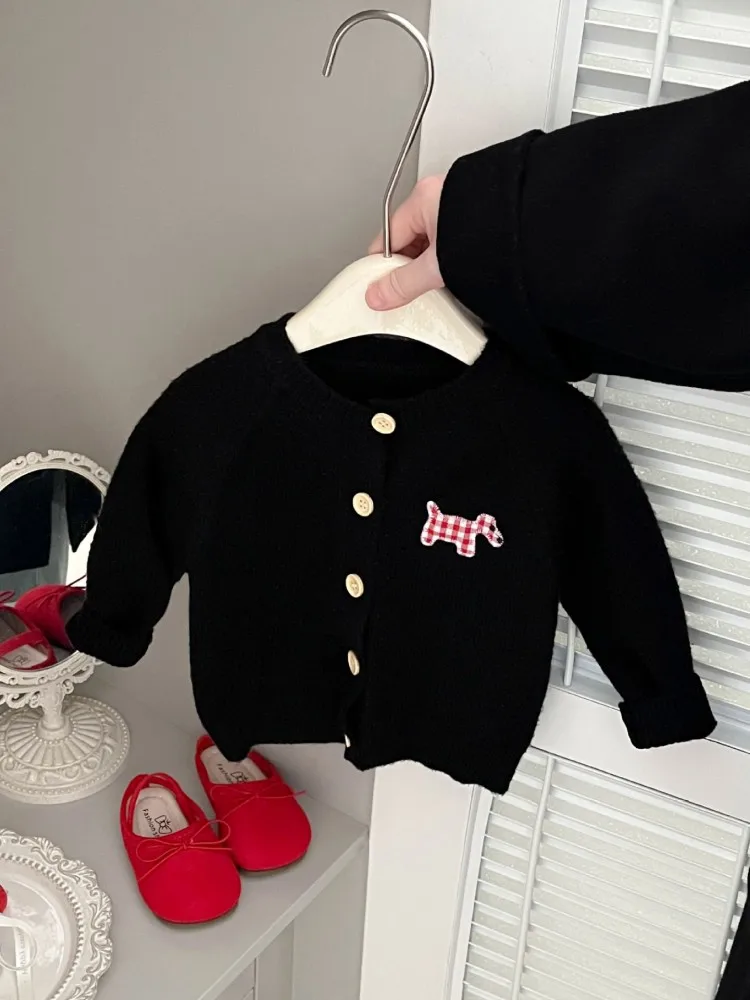 

Baby Knitted Cardigan Jaet Spring Autumn Faion Little Girl Embroidered Dog Sweater Warm Long Sve round Ne Single Button
