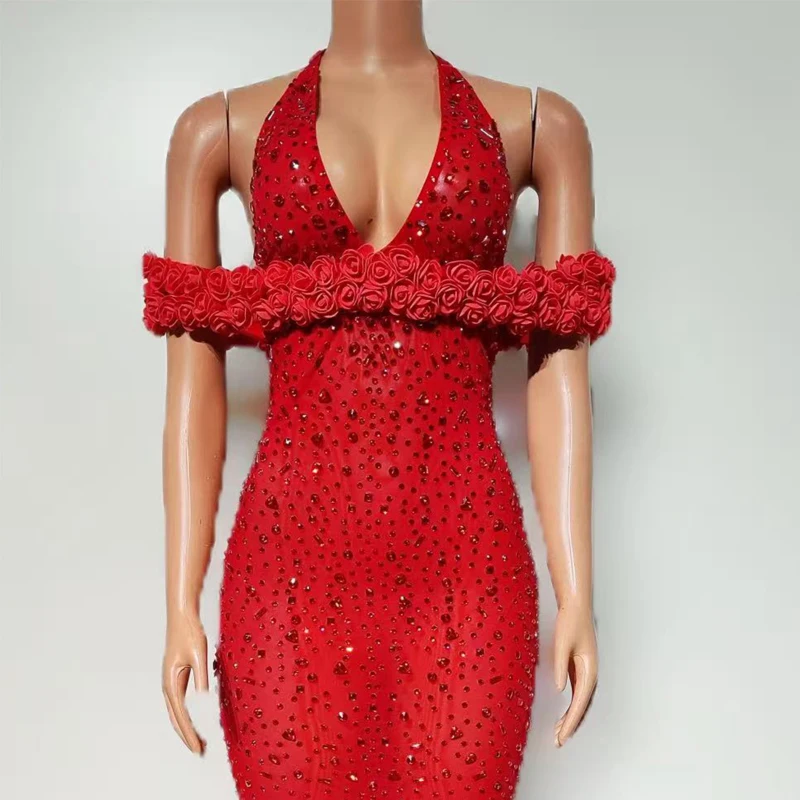 Rot Weiß Strass Abendkleider Frauen Party Jazz Dance Kostüm Feiern Bar Nachtclub Bühne Leistung Tragen XS9647