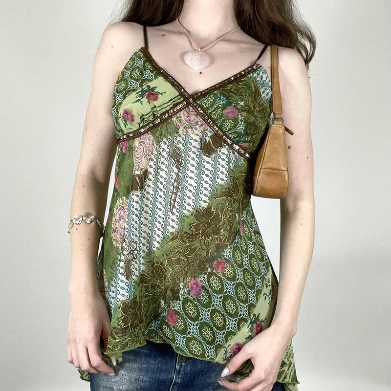

Retro Asymmetry Floral Corset Green Halter Vest For Women Summer Print Lace Edge Design Suspenders Shirt Beach Holiday Style