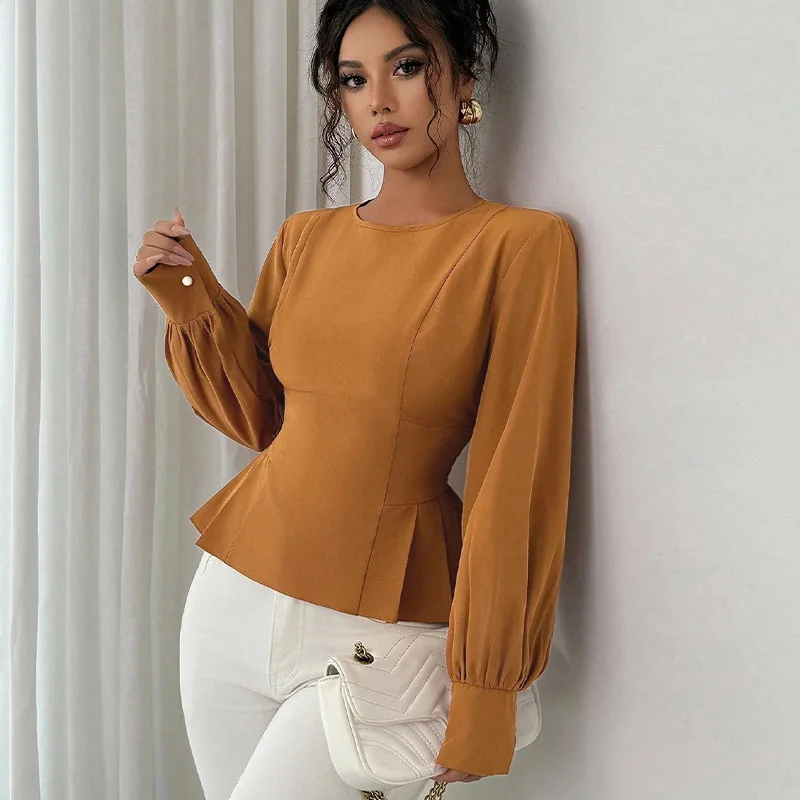 

Women's Fashion Slim Waist Long Sleeve Pullover Shirt Solid Color Stylish Casual Comfortable Elegant Versatile Crew Neck Blouse