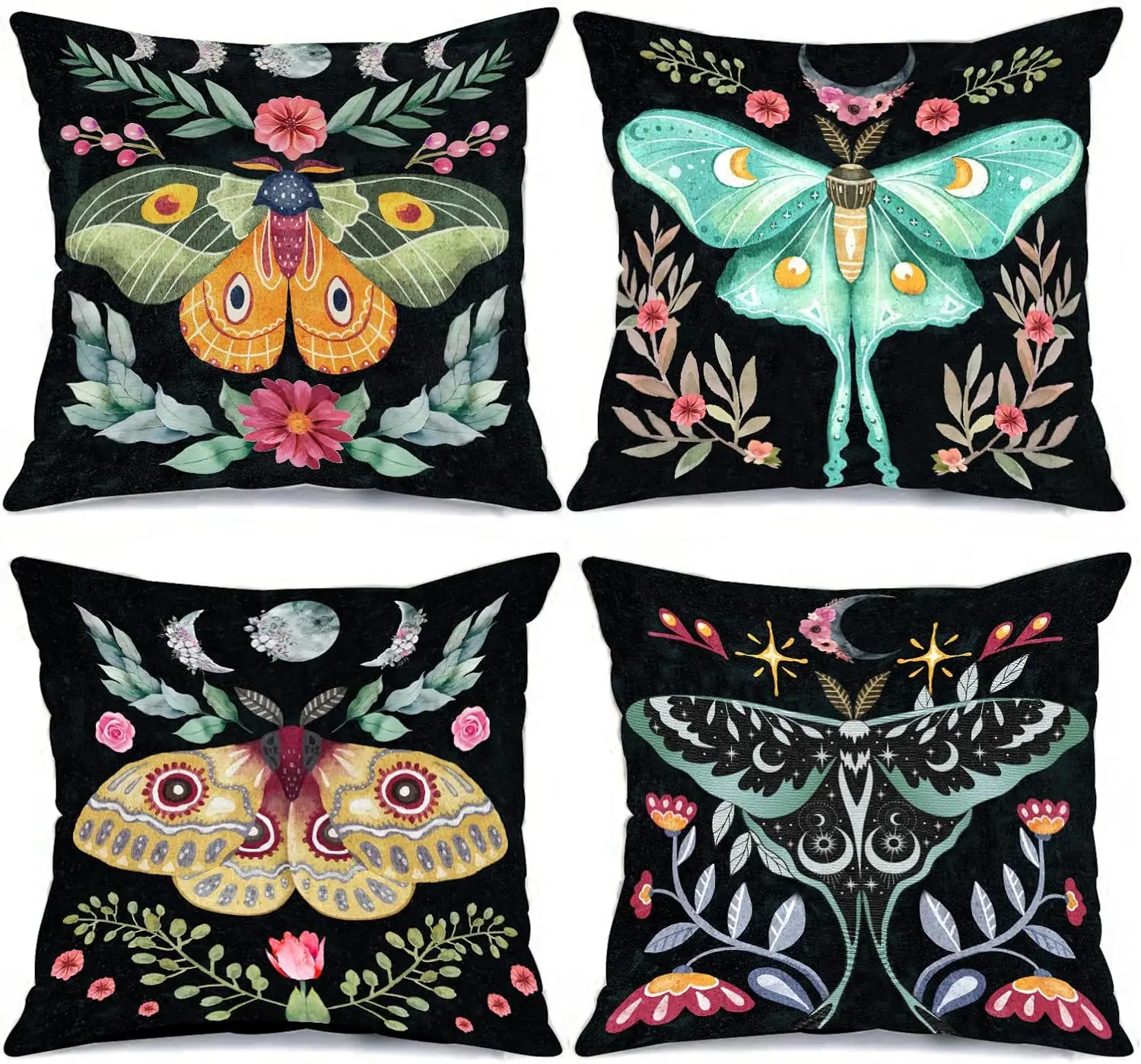 Tropical Set of 4 Double Sided Throw Pillow Covers Butterfly Flower Moon Phase Cushion Cases Decor Couch Sofa Home