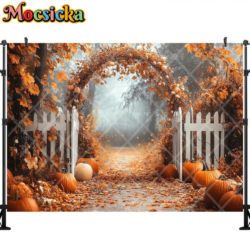 Mocsicka photographie toile de fond automne citrouille feuille d'érable arc décoration enfants automne Portraits Photo fond pour photographie
