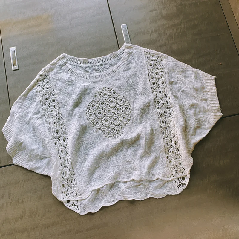 Summer Beach Eyelet Crochet Embroidery Cropped Cover-ups Bohemian Boho Ibiza Gypsy Hippie Holiday Hollow Out Dolman Sleeves Tops