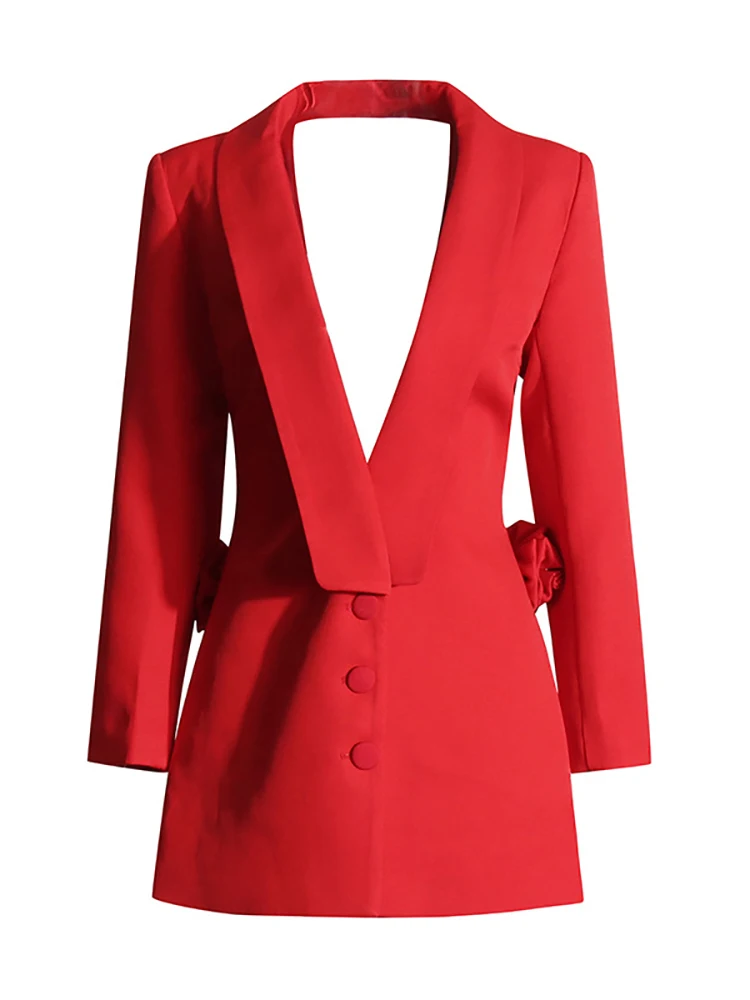 Sexy Deep V Neck Long Sleeve Blazers Dress Women Red Backless 3D Flower High Waist Slim Dresses Evning Party Runway Gowns