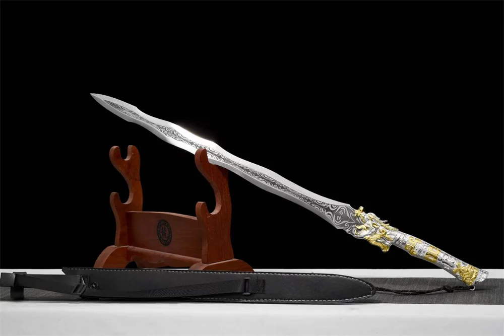 Excellent Battle Ready Sword Dragon Jian Forging Handmade Martial Art Sword Spring Steel Blade Full Tang Leather Sheath