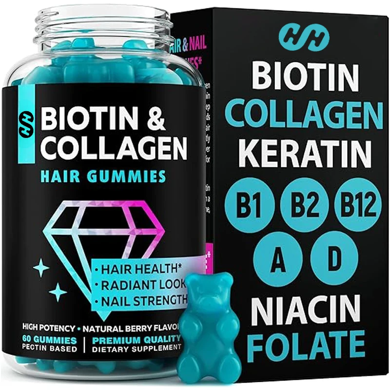 

Biotin Collagen Gummies - Hair Growth Vitamins: B1 B2、B3、B5、B7、B9、B12、 Collagen, Keratin, Vitamin A, and D-60 Capsules