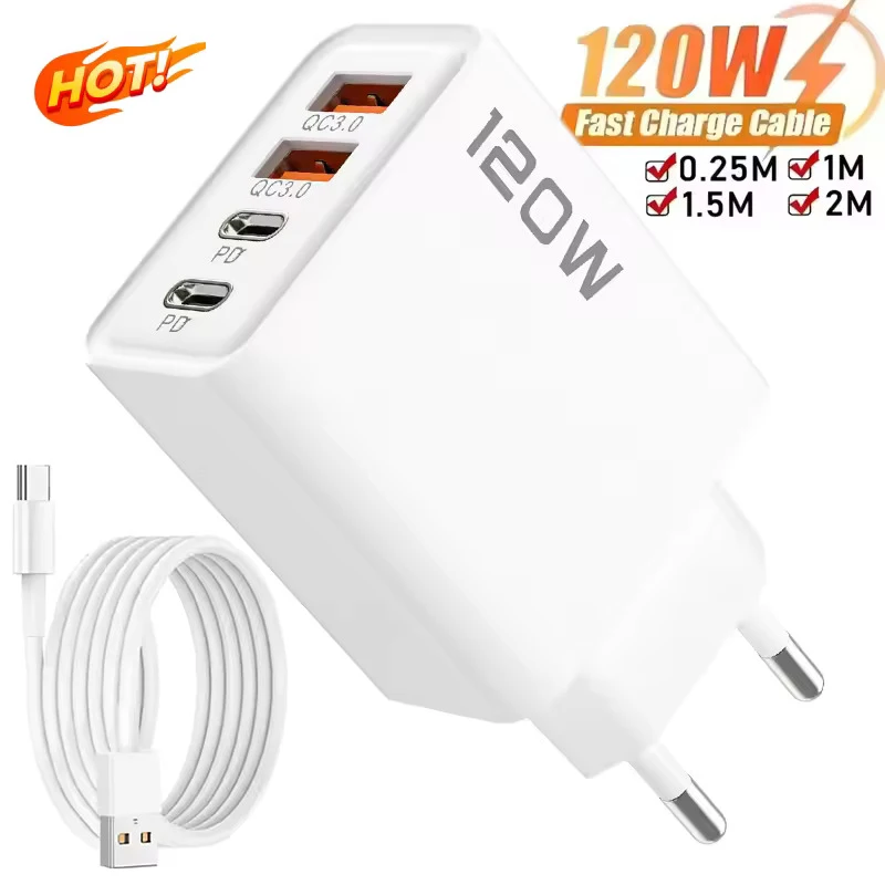 Stacja ładująca USB-C 4-portowa 120W z szybkim ładowaniem PD QC3.0, adapter sieciowy z kablem do iPhone'a, Samsunga, Xiaomi, Huawei, wtyczka EU US UK, idealna w podróży.