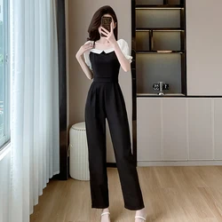 2026 Summer New Women Contrast Color Simple Elegant High Waist Slim Long jumpsuit Female Overalls