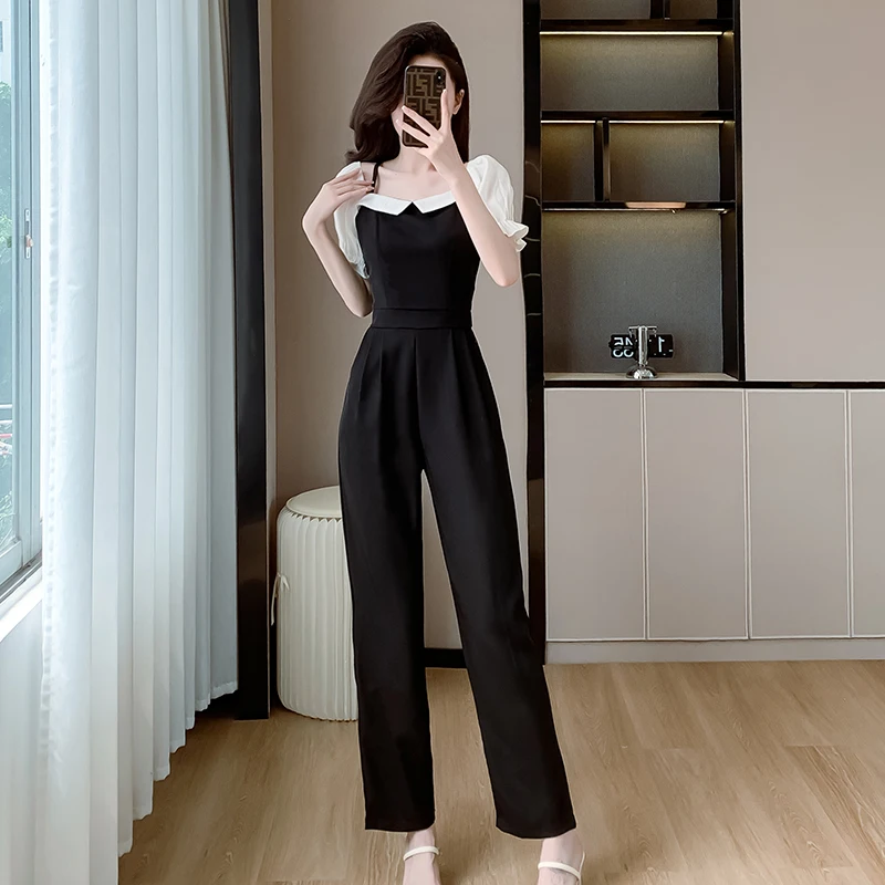 2024 Summer New Women Contrast Color Simple Elegant High Waist Slim Long jumpsuit Female Overalls