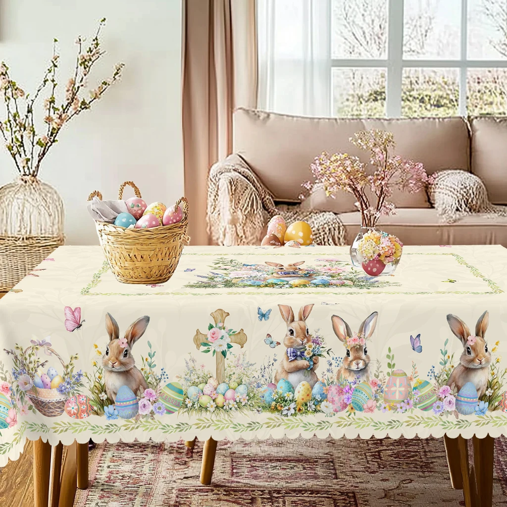 1 Easter Round Tablecloth, 5 Sizes Available, Easter Cross Rabbit Egg Print Tablecloth, Edge Embossing Process, Spring Garden Tablecloth Decoration,