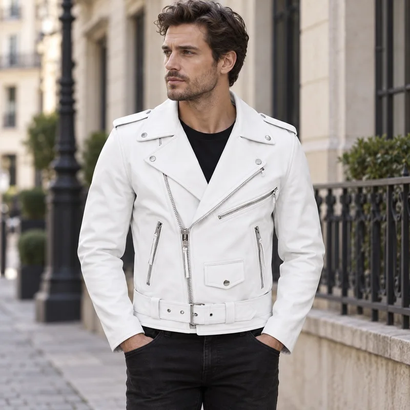 Men PU Leather Biker Jacket Lapel Collar Motorcycle Coat Zip Up Belted Slim Fit Casual Streetwear Outerwear