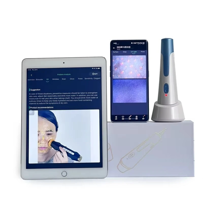 WIFI-verbinding 8-rapport Acne-, rimpel- en collageenvezelanalyse Telefoonaansluiting Draadloze huidanalysator