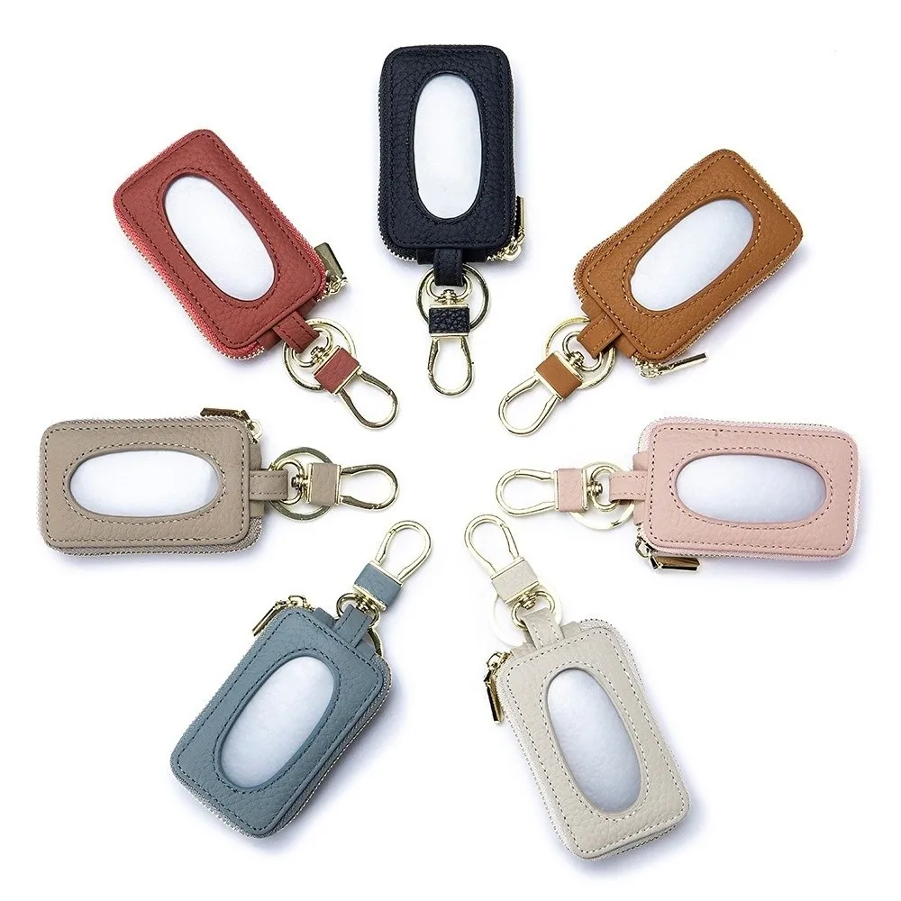 กระเป๋ากุญแจรถอเนกประสงค์พร้อมที่ใส่พวงกุญแจซิปความจุขนาดใหญ่กระเป๋าสตางค์หนังแท้บ้าน