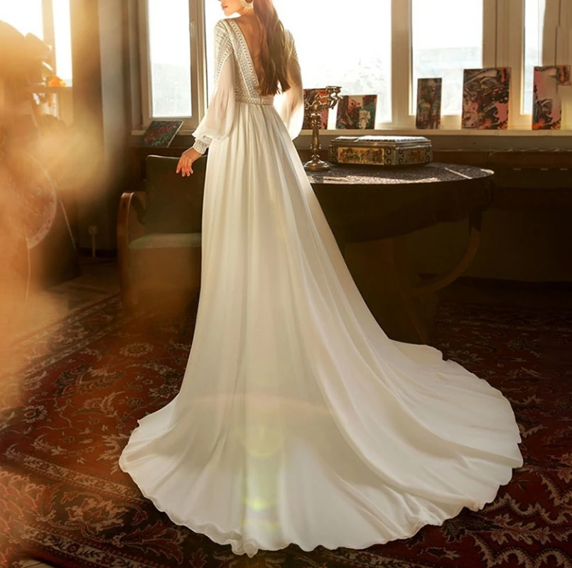 10753# Customized Simple Bohemia Puffy Sleeves V-neck Backless Sweep Train Satin Wedding Dress For Plus Size Women Bridal Gown