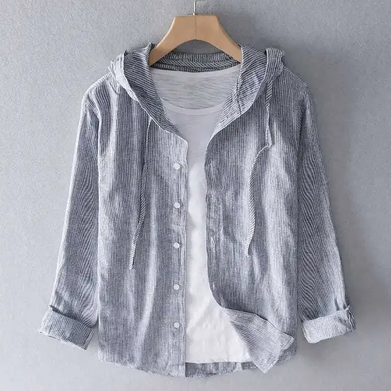 Long-sleeved Spring Summer New Solid Inen Shirt Trendy Men's Thin Cotton Linen Tops Loose Hooded Youth Fashionable Male Clothes