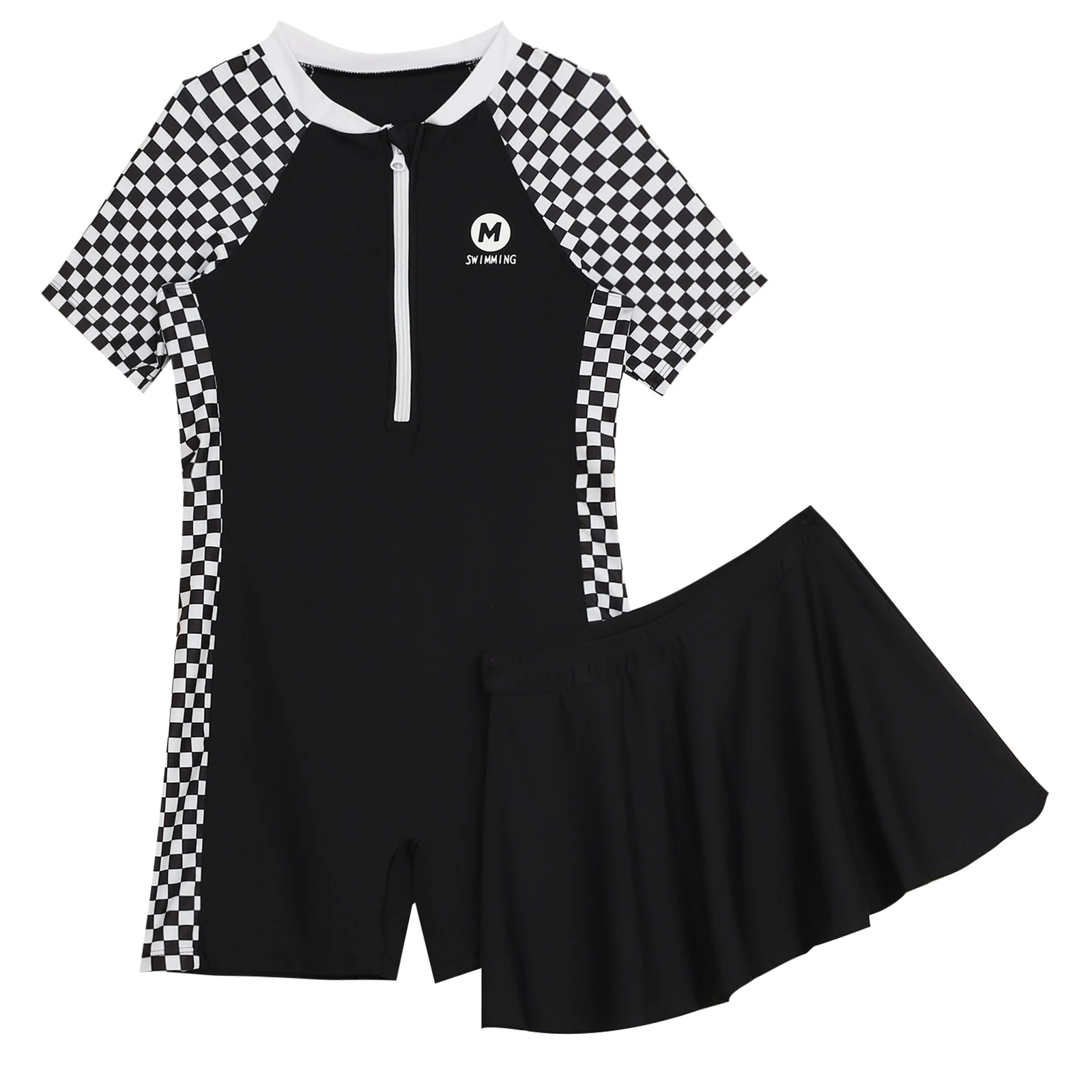 2 pezzi adolescenti ragazze costume intero vestito manica corta tuta costumi da bagno con gonna da bagno Set Rash Guard costume da bagno per 8Y-15Y