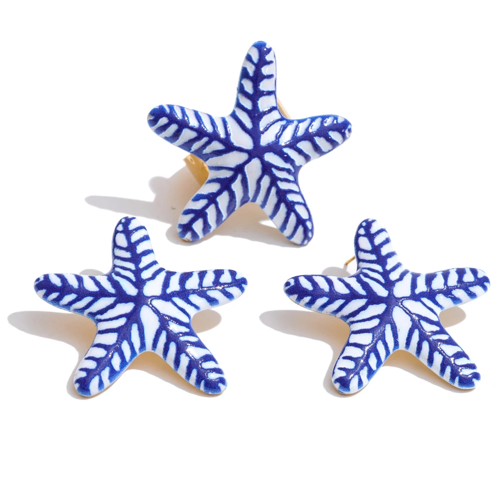 Blue Imitation Ceramic Starfish Stud Earrings & Ring Set
