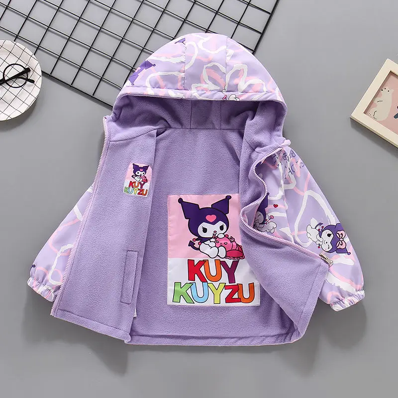 Reversible Kuromi Sanrio Kids Spring Jackets Anime Thicken Warm Coat Long Sleeve Hoodie Cute Cardigan Outdoor Jackets Girl Gift