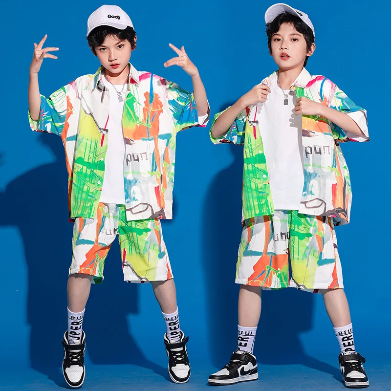 Groene Graffiti Shirts Shorts Zomer Hip Hop Kinderen Danskostuum Jongens Drum Show Outfits Meisjes Jazzdans Kleding Rave Wear