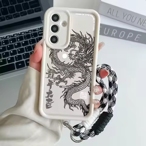 Lanyard Phone Case for Samsung S21 S22 S23 S24 Plus Ultra S20 FE A50 05 10 11 03 04 30 20 Cool Dragon Wrist Chain Strap Cover