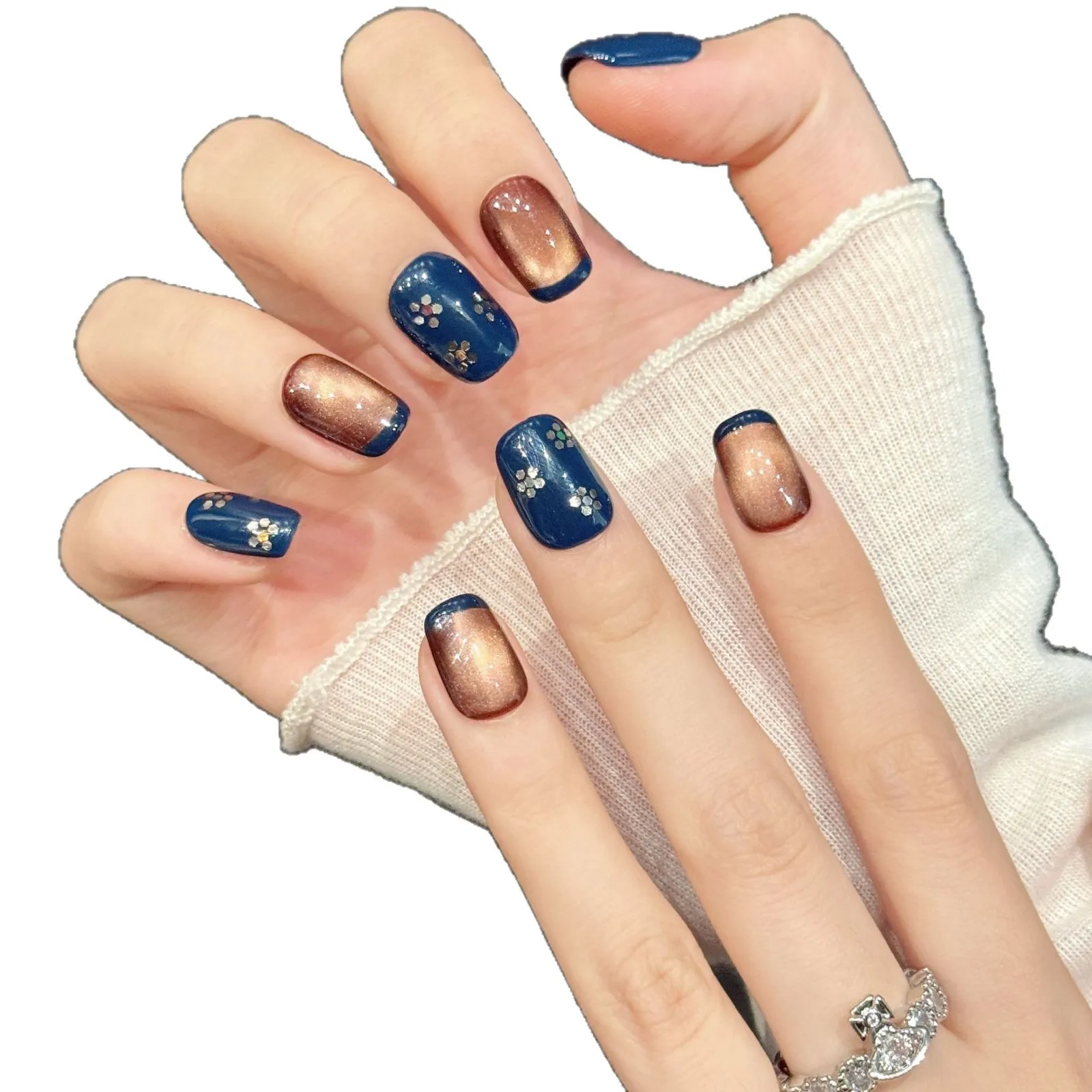 10 قطعة الأزرق الداكن النحاس أومبير اضغط على الأظافر قصيرة مربع بريق السماء المرصعة بالنجوم اليدوية الأظافر كاذبة مع 4 قطعة أداة لاصق #4