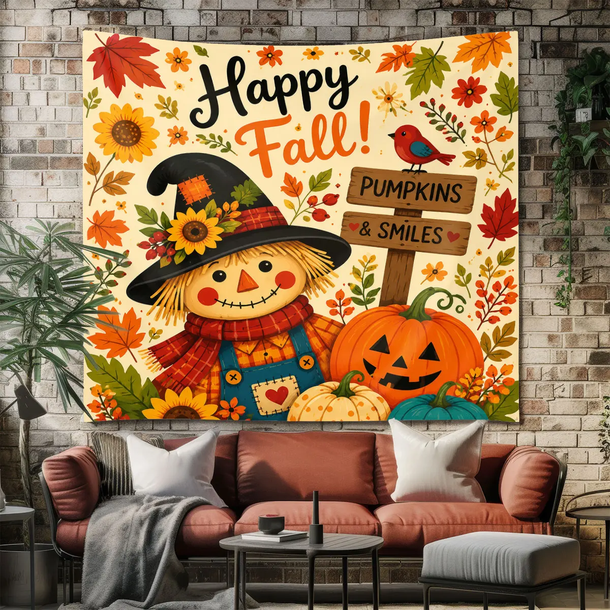 1pc autumn scarecrow pumpkin maple leaf tapestry wall decoration space decoration pendant gift and backdrop use.