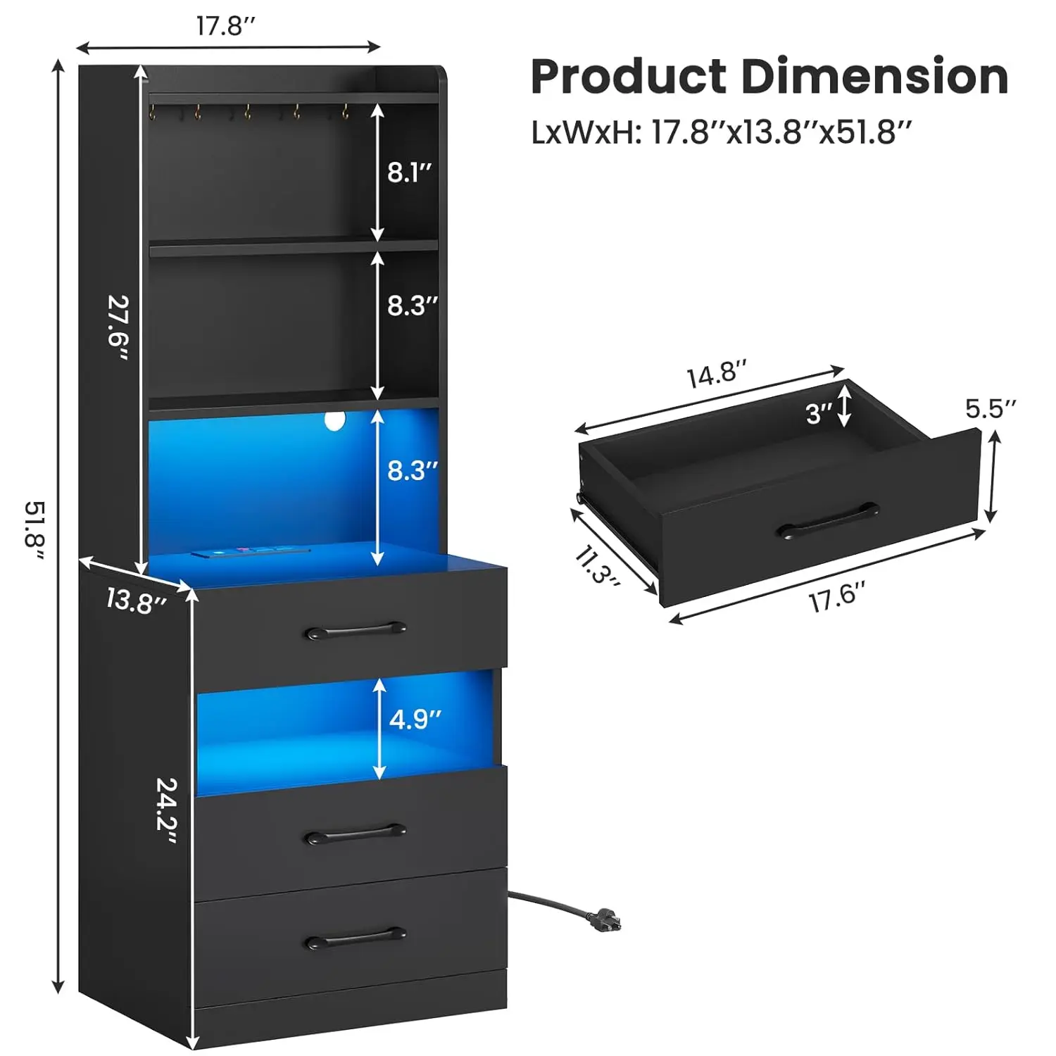 Tall Nightstand Set of 2 with Charging Station and LED Lights, Black Night Stand Set 2 with Bookshelf, Modern LED, Customized - view 2