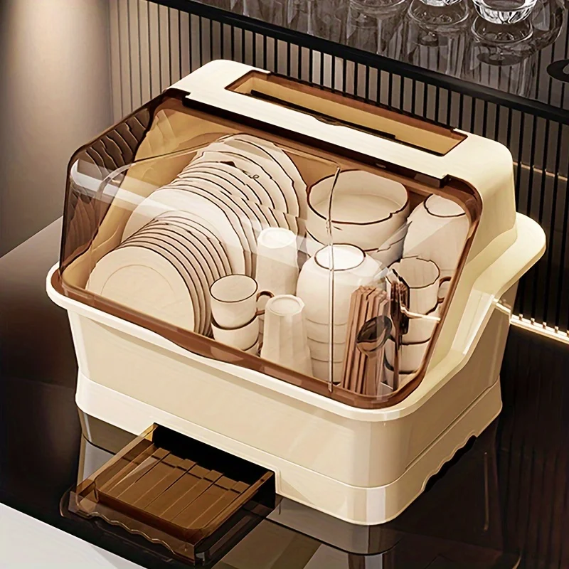 Dish Rack with Lid - Space-Saving, Dust-Proof Kitchen Storage Cabinet, Cream Color, Multi-Functional Cutlery Organizer with Drainboard, Suitable for Countertops and Cabinets, Dish Rack for Kitchen Countertops