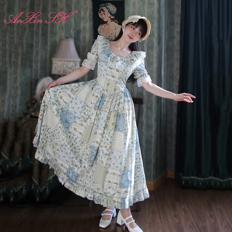 AnXin SH blue flower cotton ruffles o neck short sleeve zipper Retro French Large Swing Girl's Rural customized evening Dress