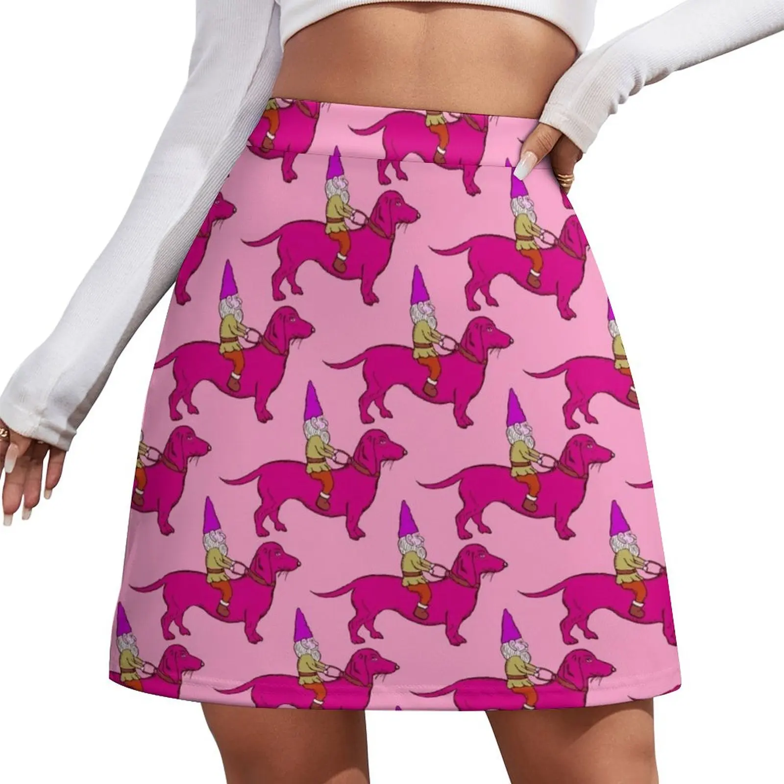 Gnome Riding a Dachshund Pattern, Pink Palette Mini Skirt dress Short skirts mini skirts
