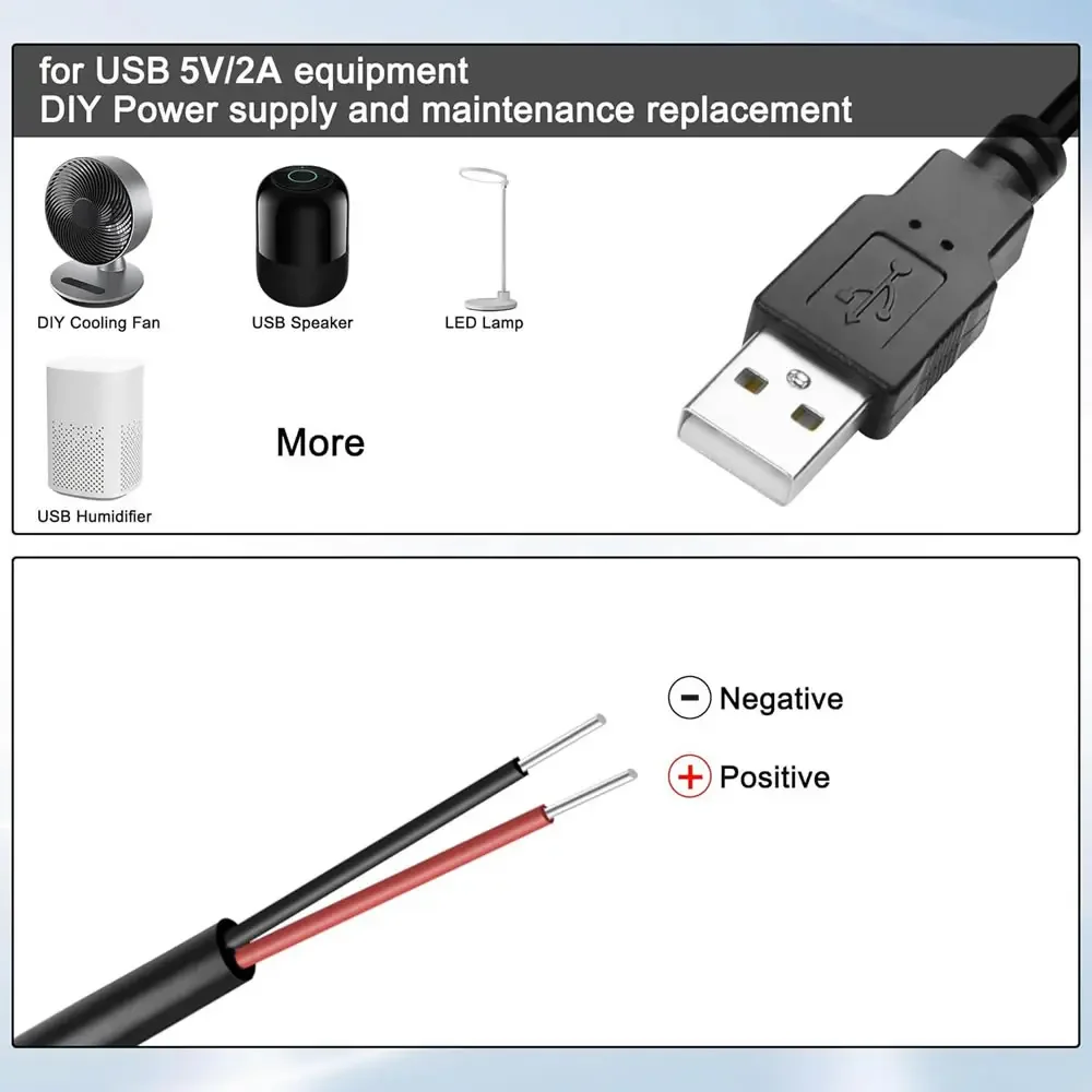 DIY USB to 2 Pin Bare Wire Open End Power Cable, 5V USB Male Female Plug 2 Pin Pigtail Cable, for Replacement or Repair