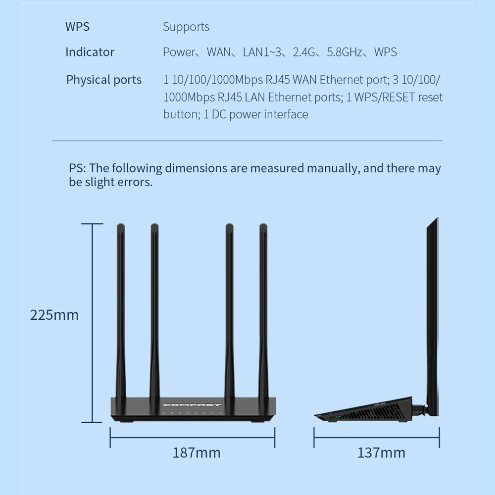 AC1200 WiFi Router 802.11ac Gigabit ports wi-fi Router 2.4&5Ghz Wide coverage home router with 4*5dBi antenna MU-MIMO 5g router