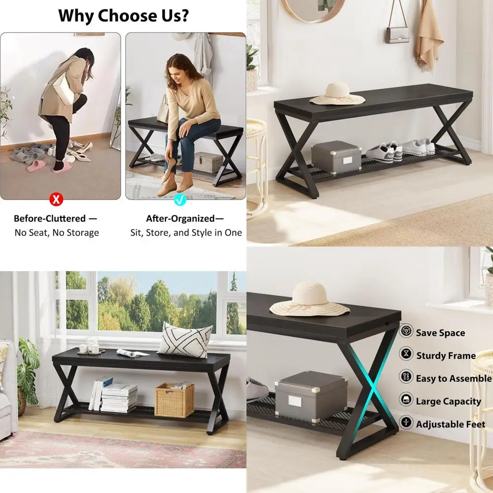 Banco de almacenamiento de madera y metal con zapatero para entrada, 47 asientos decorativos de roble negro para el hogar