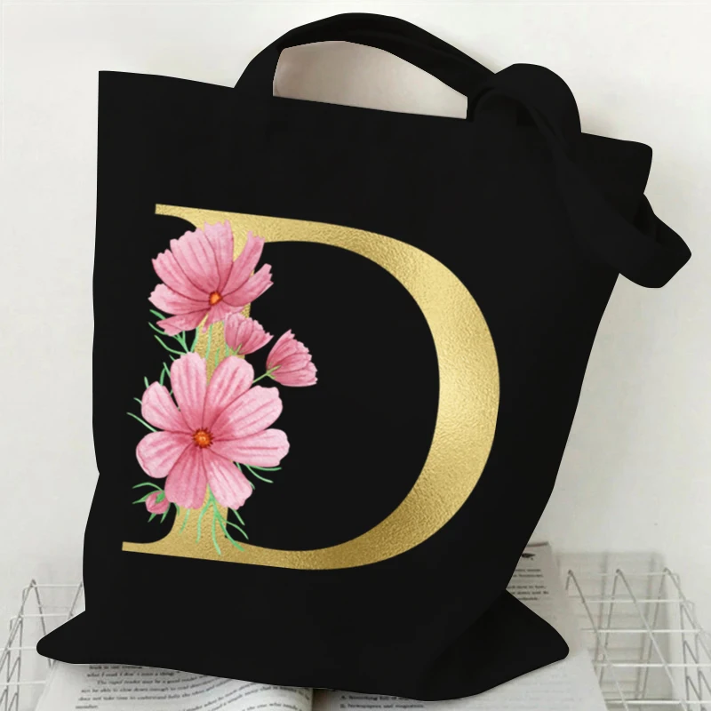 26 Golden Alphabet Floral Tote Bags for Women Large Capacity Canvas Casual New Flower Alphabet Printed Female Reusable Handbag