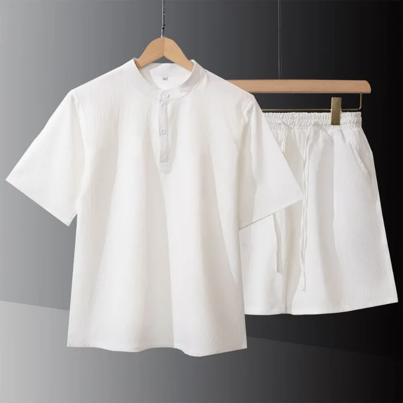 Men's Spring Summer Suit Short Sleeve Shorts Ice Silk T-shirt Big Size Breathable Pure Color Simple Comfortable Leisure Design