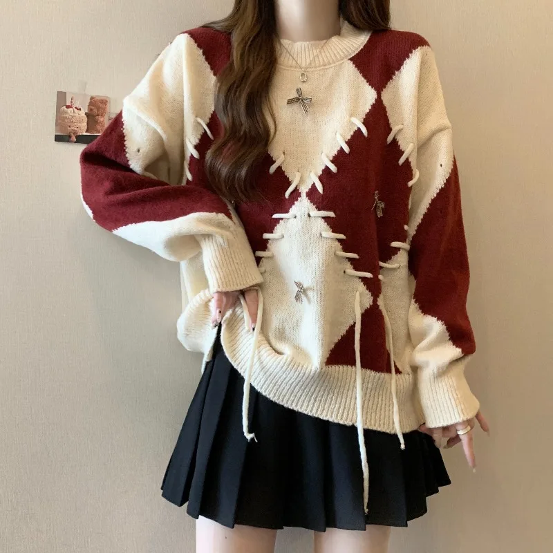 

Knit Women's Sweater Korean Winter Clothing Fashion Loose Autumn Leisure Jumpers Grid Long Sleeves Women Pullover