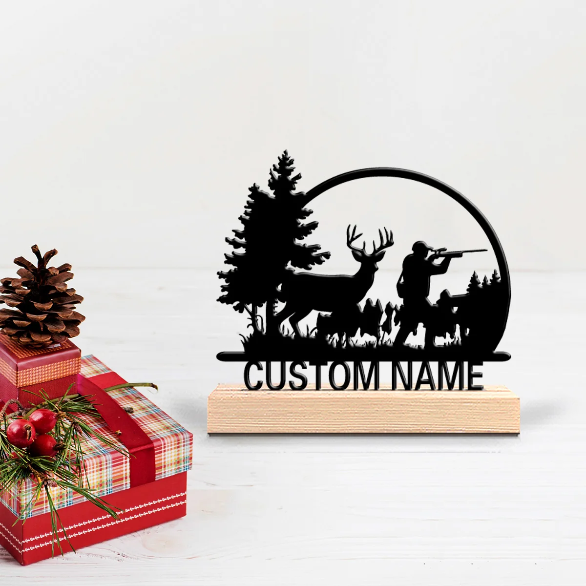 1 peça de Estátuas de Metal Personalizadas de Caçadores e Veados com Base de Madeira para Decoração de Mesa, Tema de Caça ao Ar Livre