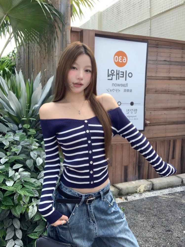 한국 슬레 컬러 블로 스트라이프 원숄더 롱 슬리브 니트 스웨터 여성용 가을 겨울 슬림핏 달콤하고 매운 시크...