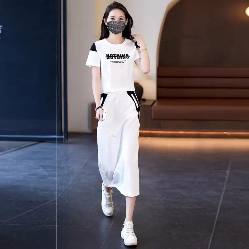 Skirt Short Sleeve 2 Pieces Sets for Women Kawaii Commuting Woman Outfit Gray Lightly Cooked Printing Midi Cotton Top and Bottom