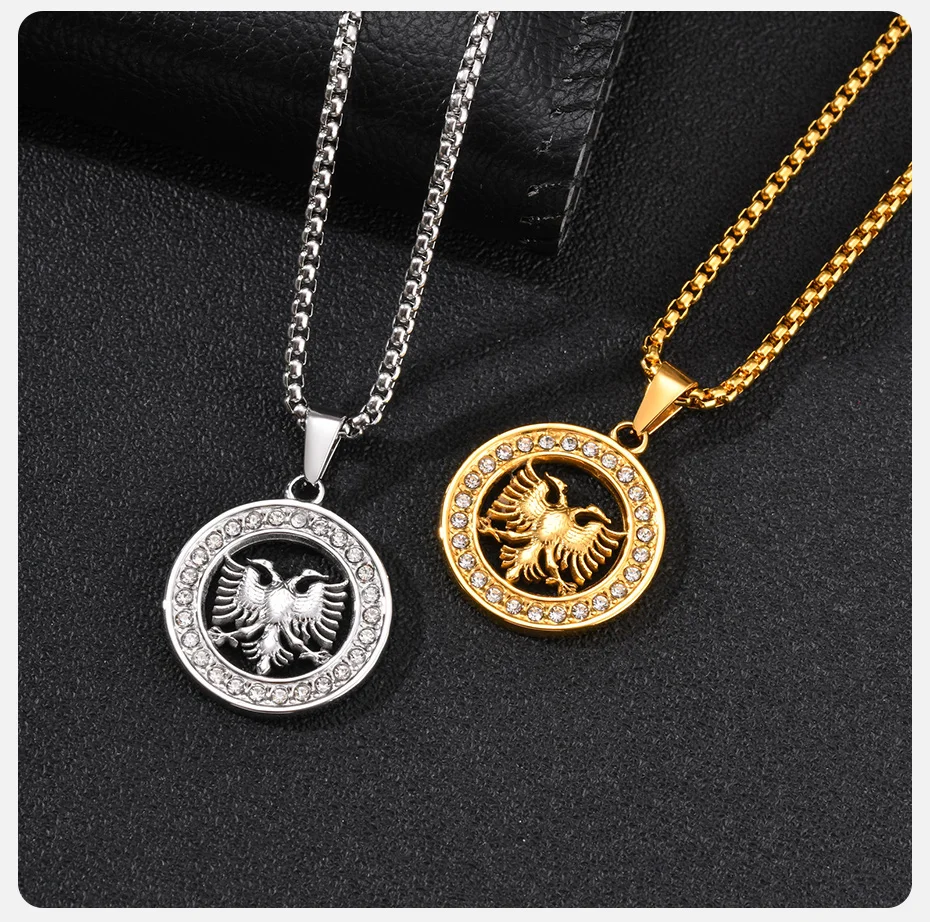 Vnox Herren Runde Doppelköpfiger Adler Anhänger Halskette, Gold Silber Farbe Edelstahl mit CZ-Besatz, Kastenkette, Ethnischer Schmuck Geschenk – Detail 6