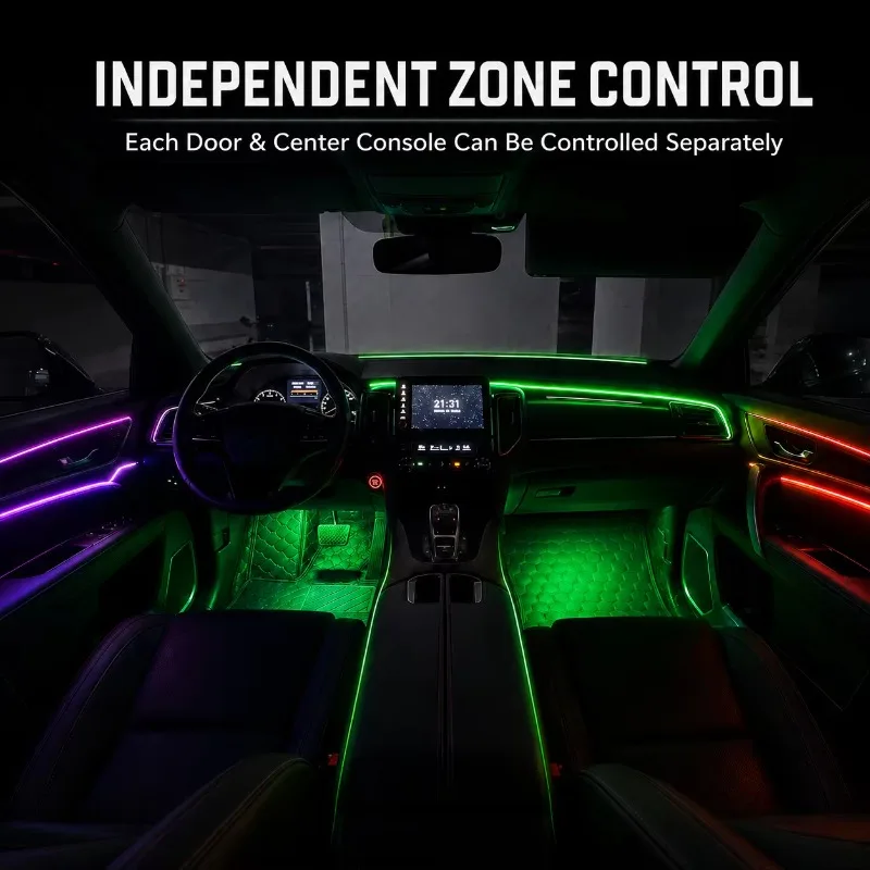 18in1 Car Interior Ambient Light Kit RGB App Control Separate Zone LED Strip Cuttable Music Sync CE ROHS Universal Fit