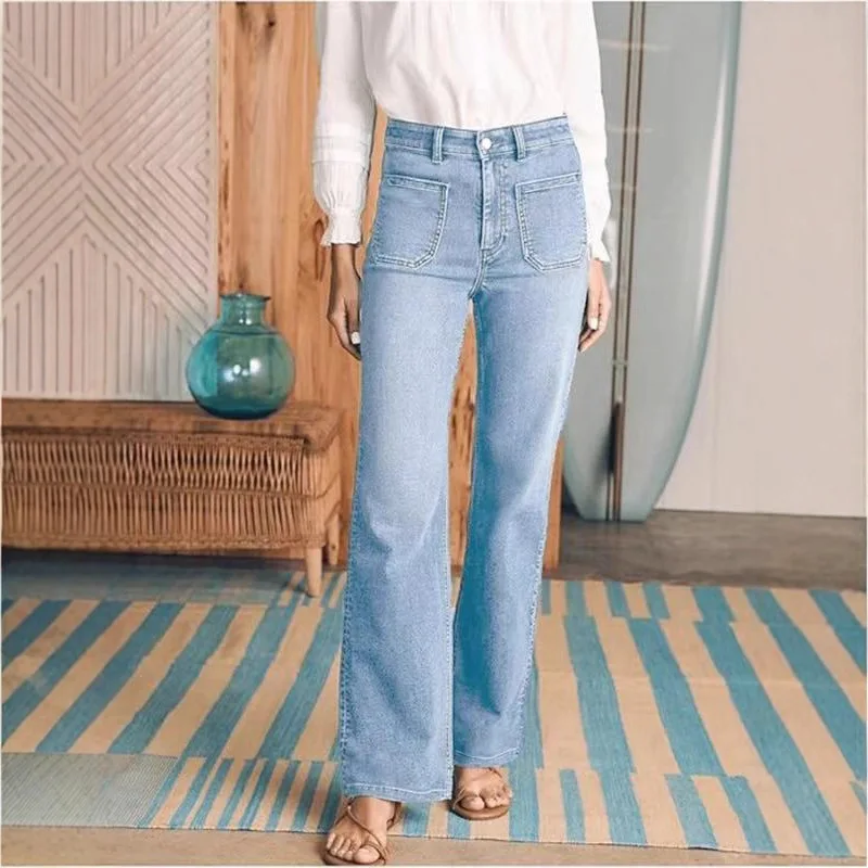 Mulheres denim jeans sólido jean bolso zíper voar império cintura comprimento total calças retas médio estiramento senhora do escritório 2025 outono