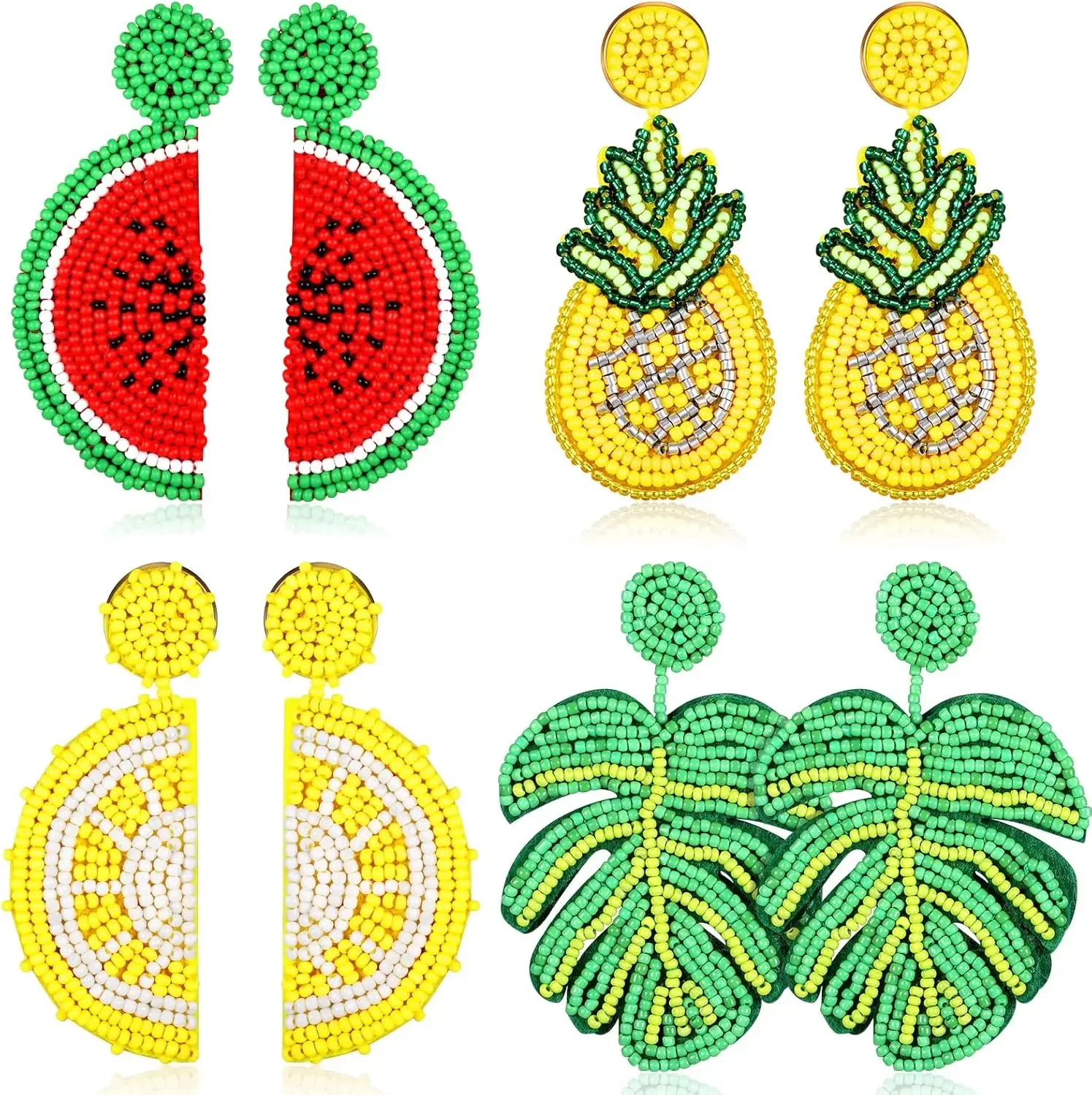 4 Pairs Fruit Beaded Earrings Bohemian Statement Dangle Earrings Watermelon Pineapple Lemon Earrings Set for WomenLadies