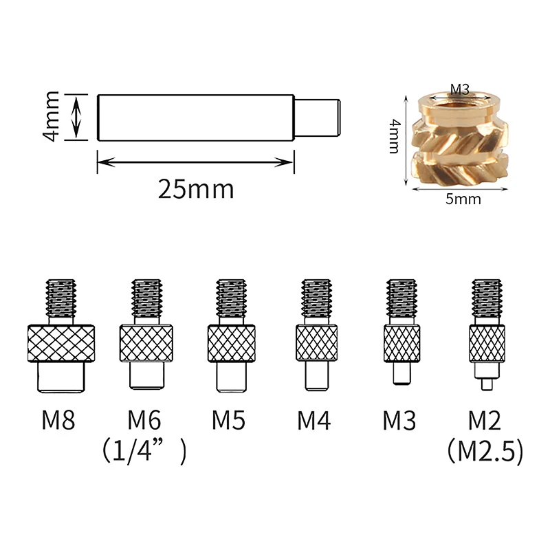 Calor inserir porca ponta de ferro, calor inserção ferramenta, M2, M3, M4, M5, M6, M8, rosca de latão incorporado kit para impressora 3D de plástico, solda