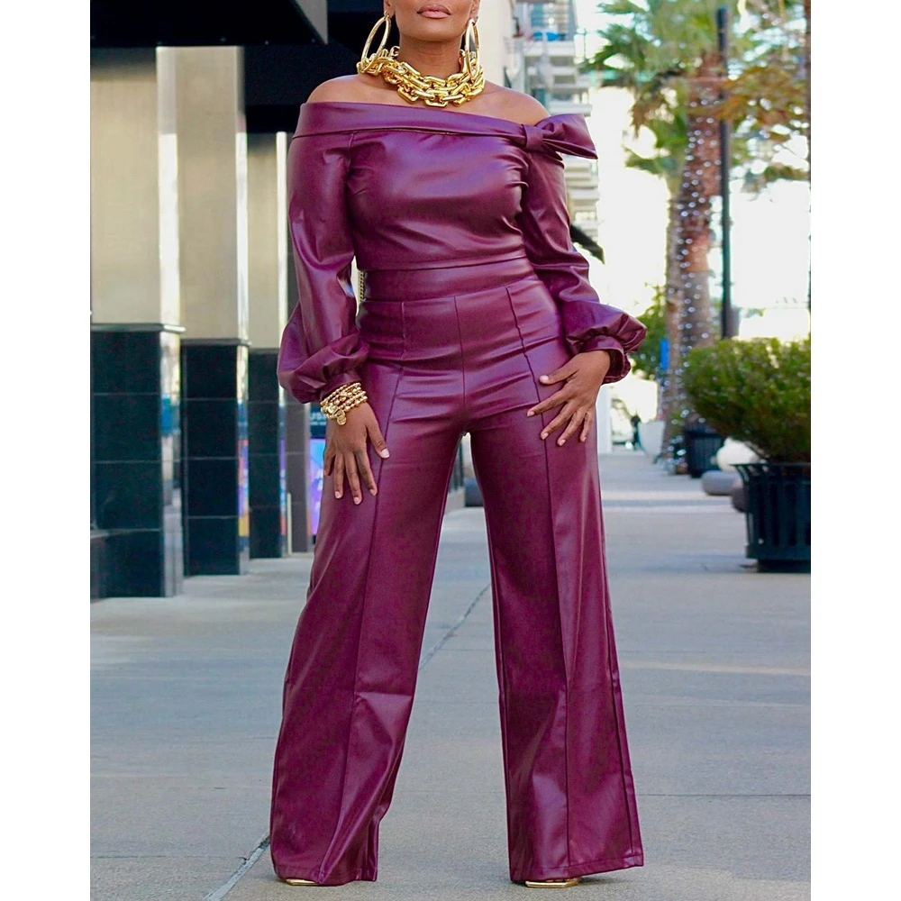 Autumn Women Fashion Pu Leather Off Shoulder Lantern Sleeve Top & High Waist Wide Leg Pants Set Femme Casual Two Pieces Set