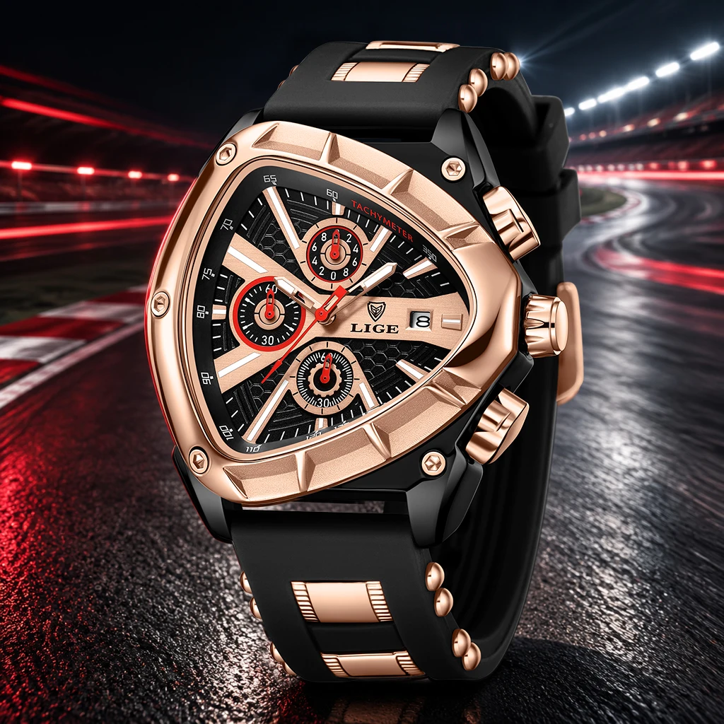 LIGE Outdoor Fashion Man Watch Casual Retro Sports Auto Date Silicone Strap Waterproof Irregular Shape Quartz Men's Wristwatches